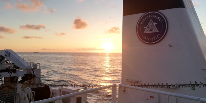 R/V “G.O. Sars”, surveying the North Atlantic Ocean mesopelagic zone during the light summer nights. Photo: Chris Lindemann.