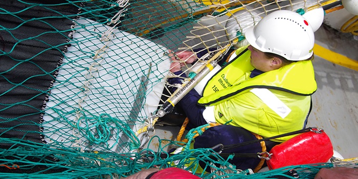 A wide band acoustic system is placed in a trawl used to sample mesopelagic organisms. Photo: Shale Rosen, Institute of Marine Research.